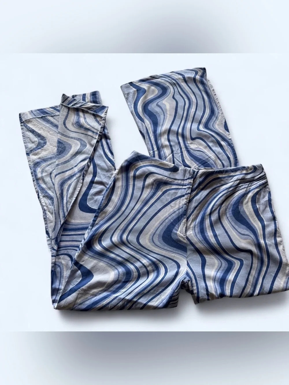 Zara Blue White Swirl Linen Blend Split Hem Flare Pants Retro 70s Psychedelic L